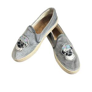 SOLUDOS Velour slip on Pug Dog Floral Detail Sneakers Shoes Size 8 Grey